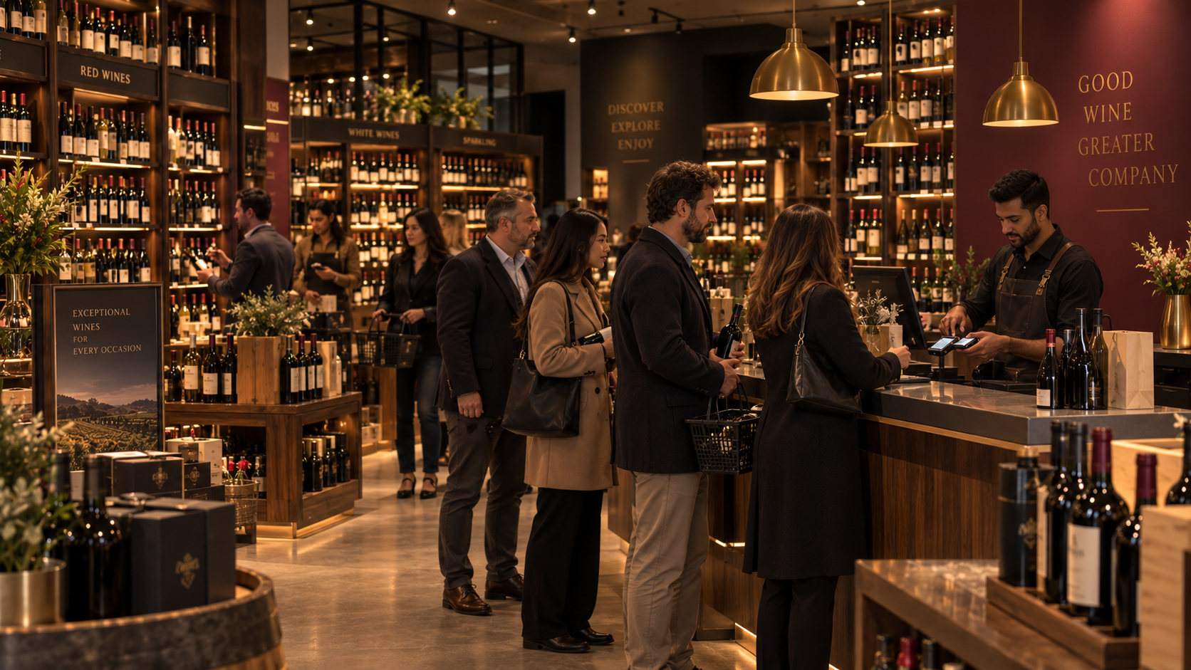 Busy wine shop with customers waiting at a fixed checkout counter